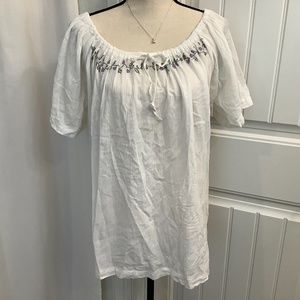 White Peasant Blouse with Purple Flowers